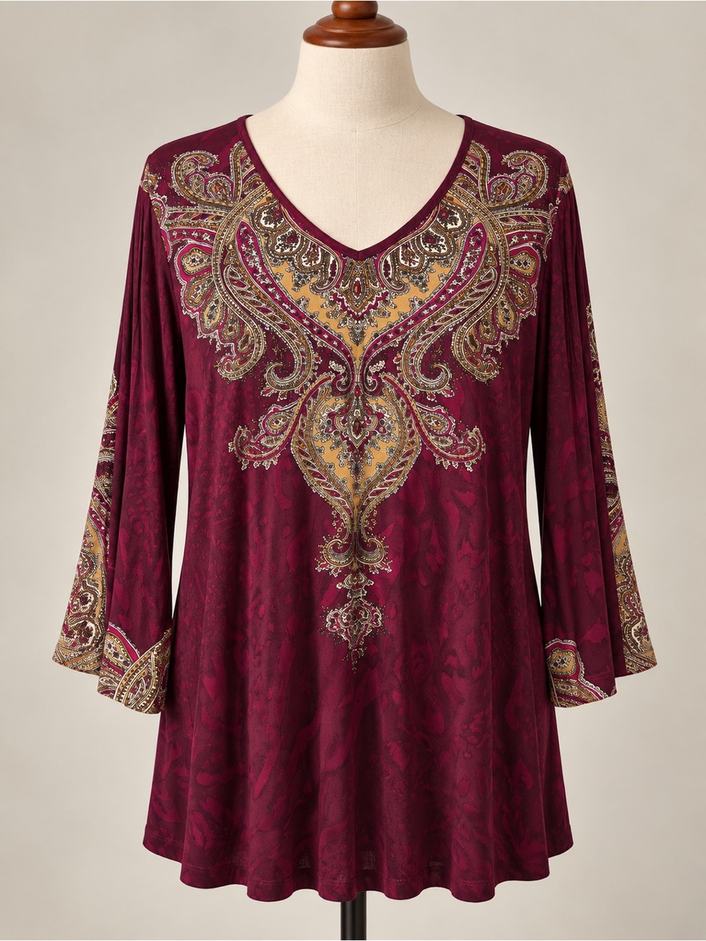 Paisley V-Neck Long Sleeve Tunic Top - Burgundy
